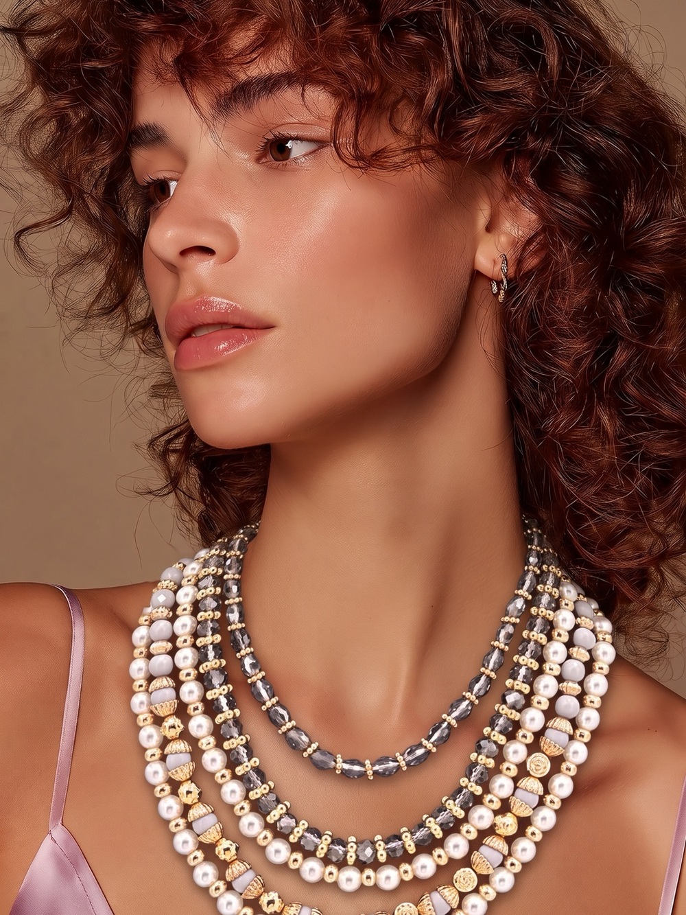 Multi-Strand Pearl & Gold Bead Necklace - White and Gold